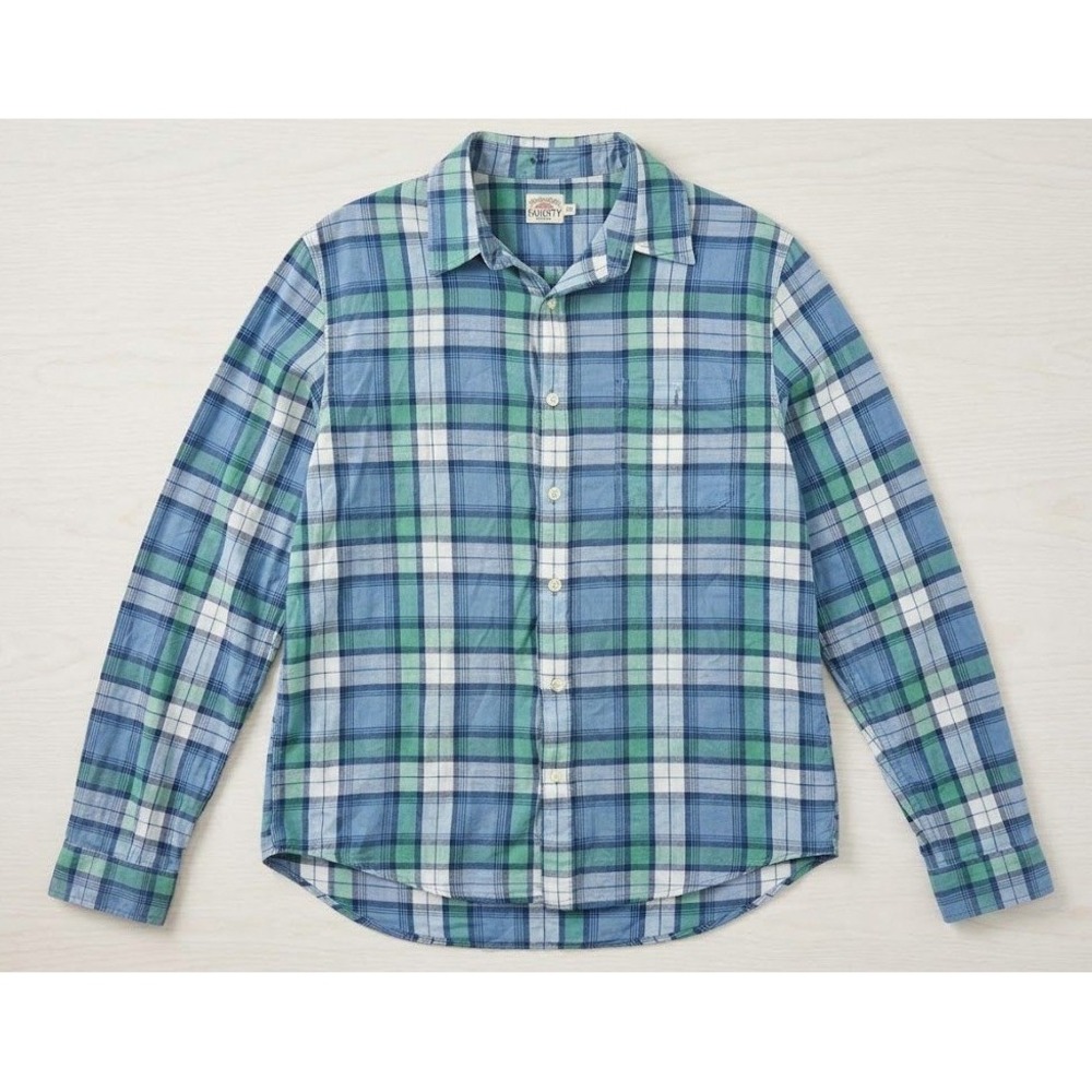 Faherty Plaid Button Down Shirt Mens Medium Blue Green Indigo Cotton Coastal